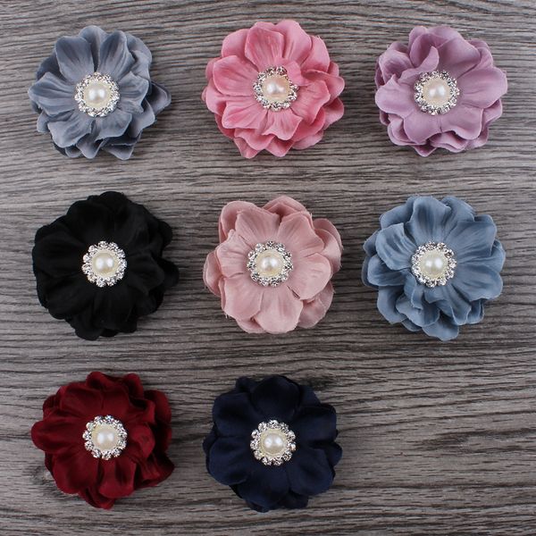 

30pcs/lot 4.6cm 8colors mini felt flower+rhinestone pearl bead for kids girls hair accessories diy fabric flowers for headbands, Slivery;white