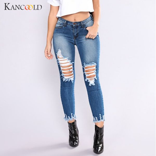 

kancoold jeans women fashion denim hole female jeans high waist stretch slim pencil pants woman 2018oct24, Blue