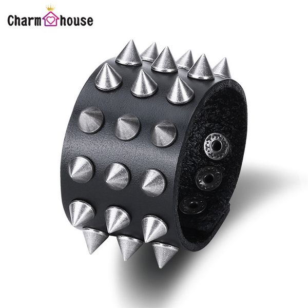 

leather bracelets for men women spikes snaps wide leather bracelets & bangles punk hiphop wristband cuff wrap bangle jewelry, Golden;silver