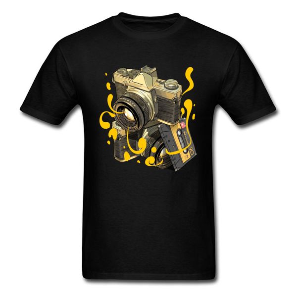 

2018 vintage black t-shirt men camera & cassette print round collar tees cotton t shirt classic art, White;black