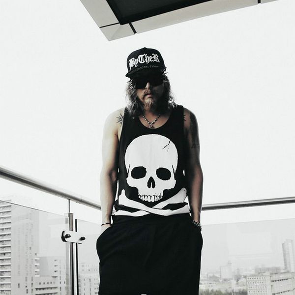 

korean fashion biker gothic men's slim fit skull skeleton ss summer vest tankt shirt t-shirt tee wholesale, White;black