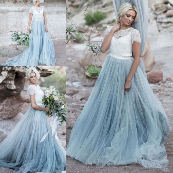 

dusty blue beach boho wedding gown white lace sheer detachable jacket crop short sleeves tulle a-line two toned bridal dress colored