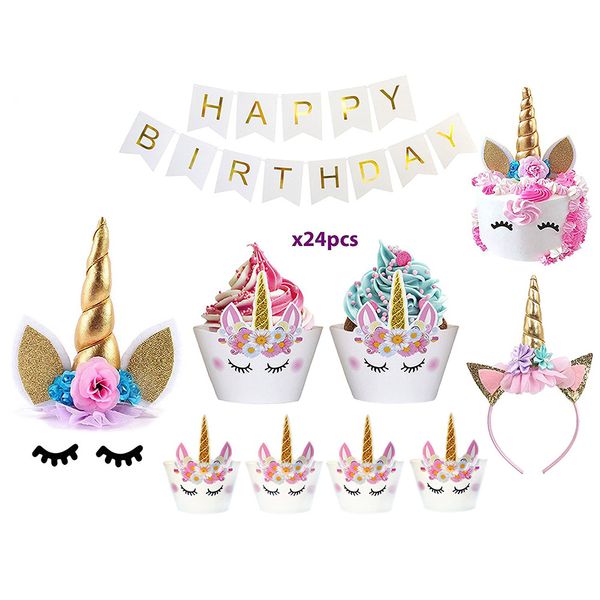 Einhorn-Kuchenaufsatz, Regenbogen-Cupcake-Förmchen-Set (Set enthält Horn, Ohren, Wimpern) + Happy Birthday-Banner-Dekor | Einhorn-Themendekoration