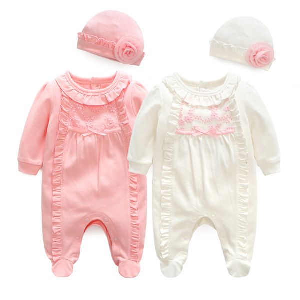 

newborn my first birthday princess clothes sets 100% cotton girl romper+hat 2pcs ruffles decor spring autumntoddler outfits, White