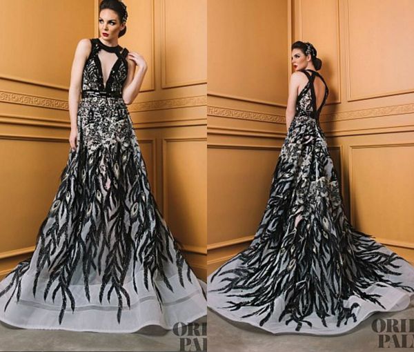 

black generous prom dresses lace applique beaded sweep train backless organza formal dress party evening wear arabic vestidos de fiesta