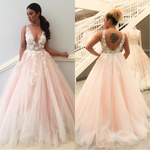 

3d floral appliques long prom dresses 2019 deep v-neck party dresses floor length open back tulle fashion women evening gowns