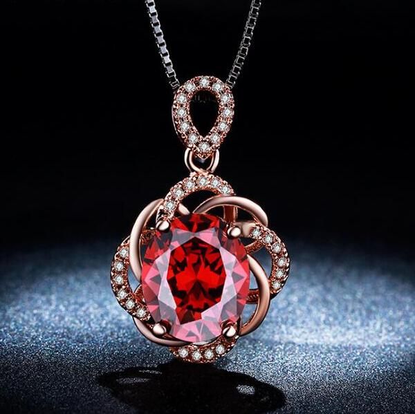 

zhf jewelry 18k gold plated charm jewelry accessories women chain necklace female rose pendant red cz diamond wedding body jewelry, Silver