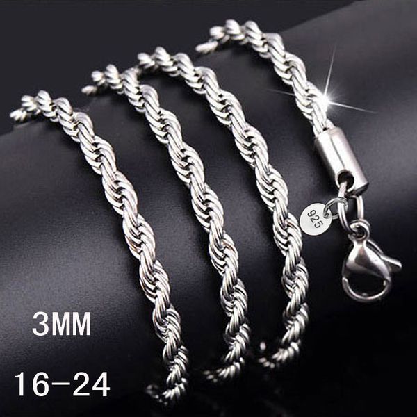 3 MM 925 ayar gümüş twisted Halat zincir 16-30 inç Lüks gümüş necklaced womenmen Moda DIY Takı Ucuz toptan