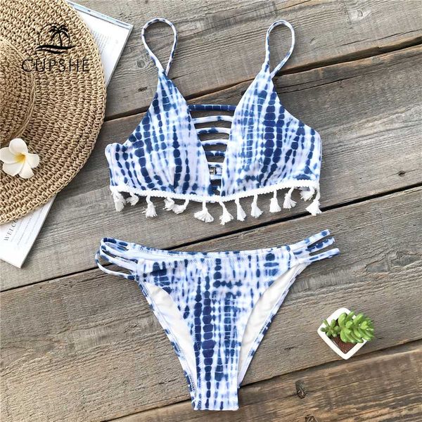 

cupshe blue tie-dye blue bikini set women lace up tassel thong two pieces swimwear 2018 girl beach bathing suits swimsuits, White;black