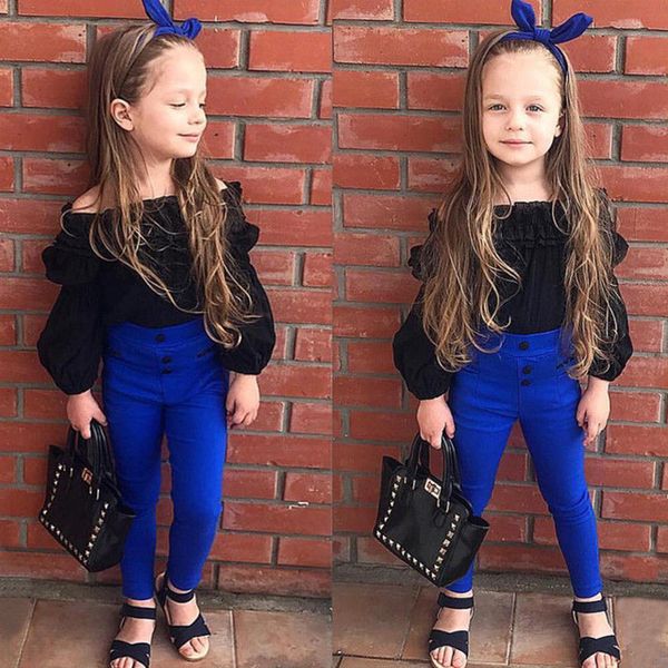 

children girls cute clothes sets off shoulder ruffles t-shirt +high waist solid long pants for little ladies, White