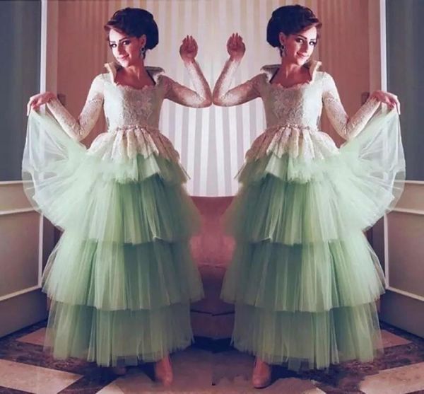 

Arabic Mint Evening Dresses Lace Long Sleeves Prom Dresses with Layered Tulle Skirt Vestido Longo Floor Length Formal Party Dresses Wear
