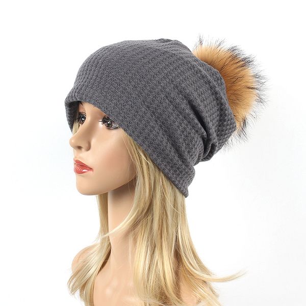 

2018 autumn new 15cm large raccoon fur ball acrylic knitted hat women men casual thicken beanies skullies solid cap