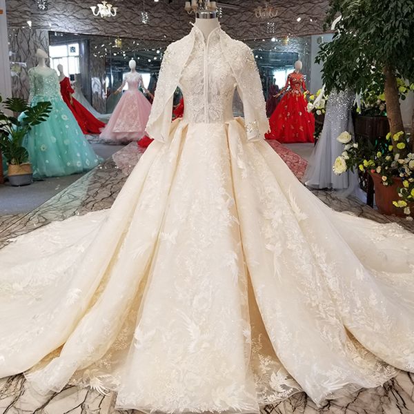 

мусульманская шаль рукава свадебное платье женщины высокая шея зашнуровать обратно бальное платье свадебные платья длинный поезд невесты зим, White