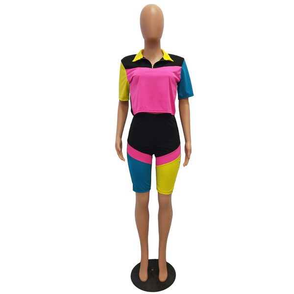 

Casual 2 Piece Set Women Patchwork Sexy Short Sleeve Tops +Bodycon Shorts Sweat Suits Summer Outfits Two Piece Casual Tracksuit