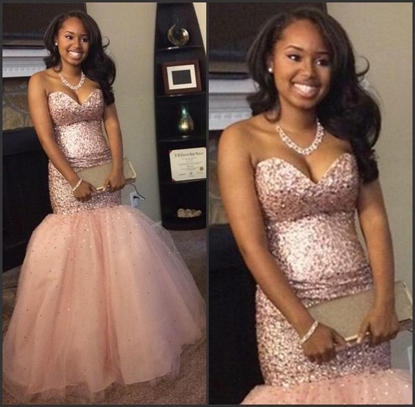 

strapless floor length brush train sequins mermaid sweetheart gorgeous pink evening gown tulle nude prom dresses vestidos de fiesta de noche, Black;red