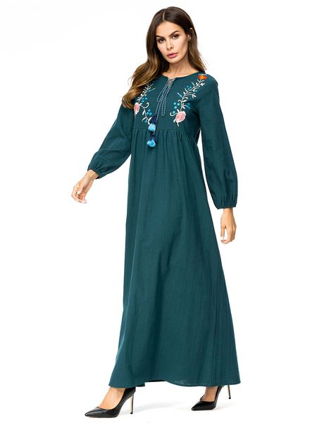 

187273 abaya middle eastern muslim women's tall long skirt square collar simple embroidered ethnic style dress ilbies tan-nisa musulman, Red