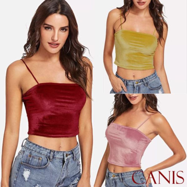 

2018 fashion women cami crop vest sleeveless solid color shirt casual velvet, White