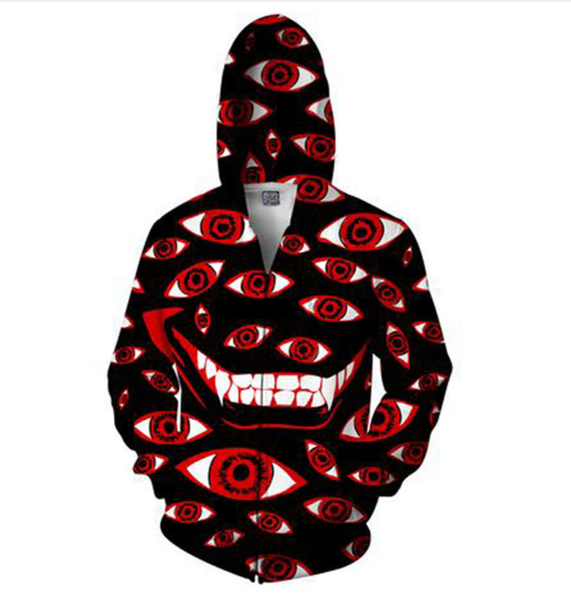 

wholesale- fashion womens/mens smile red eyes funny 3d print zipper jumper sweatshirt hoodies ll05, Black;brown