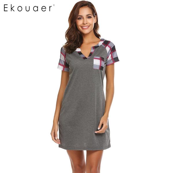 

ekouaer women nightgowns casual nightwear plaid short sleeve nightshirts v-neck loose sleepwear female chemise dress home cloth, Black;red
