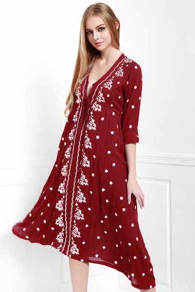 

bohemian embroidered v-neck waist dress, Black;pink