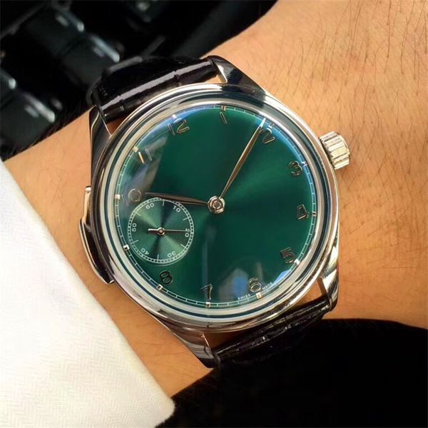 

44mm men's watches stainless steel wristwatches leather bands green face waterproof mechanical hand-winding movement fashion watches i8, Slivery;brown