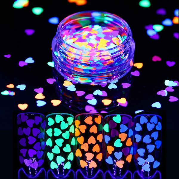 

fluorescent heart nail sequins glitter 4mm ultra-thin colorful shape flakies 1g luminous nail paillette glow in the dark, Silver;gold