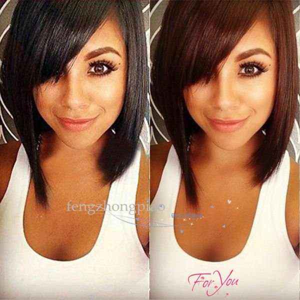 

feng zhong piao black / brown short wigs for black women natural synthetic hair wigs straight wig bangs heat resistant fiber