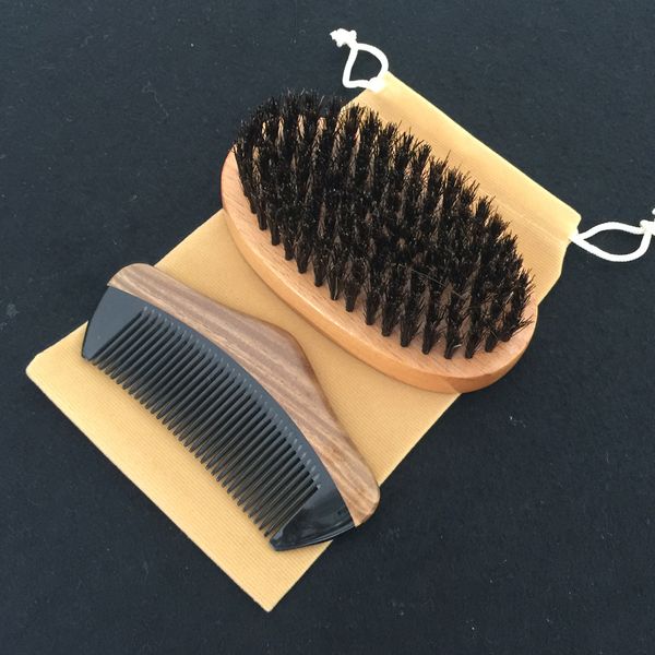 

New 3in1 Boar Bristle Palm Brush & Horn Wood Comb Cotton Bag Set Travel Carry Makeup Fashion Hair Care Styling Tool Men Beard Grooming