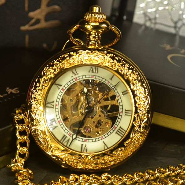 

wholesale-tiedan steampunk skeleton mechanical pocket watches men antique hand wind necklace pocket & fob watch chain gold, Slivery;golden