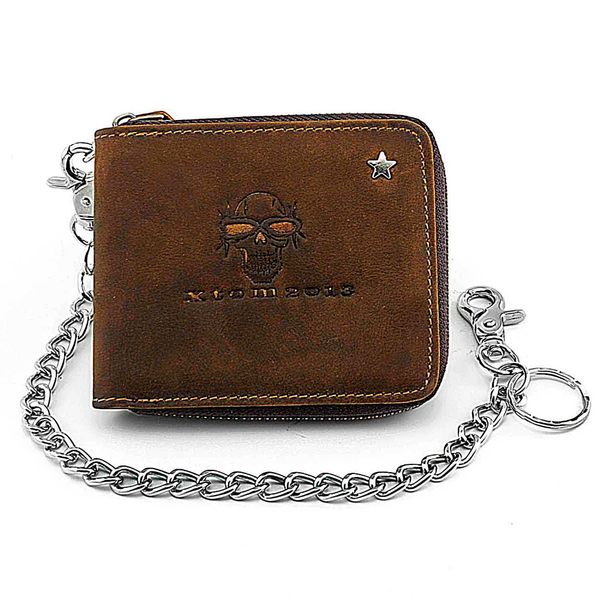 

skull biker trucker men leather zipper chain wallet purse with chain, Red;black