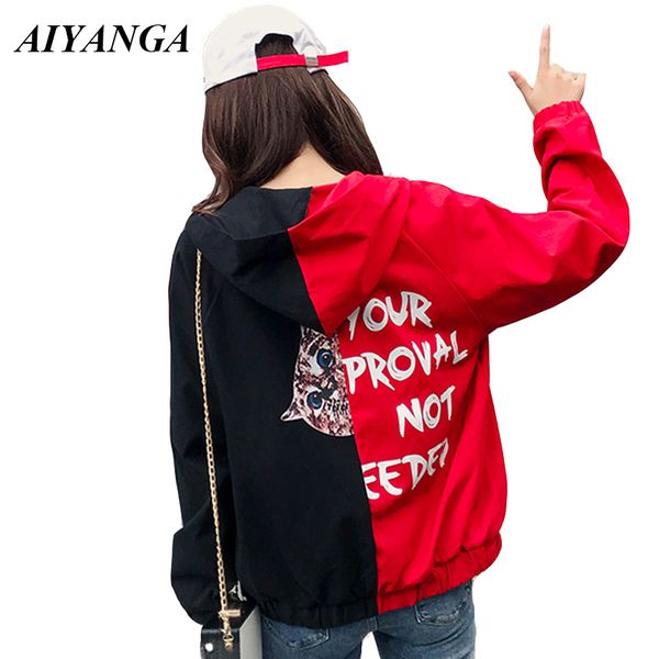 

fashion new patchwork jackets women hooded outerwear 2018 autumn coats cats letter print casual zipper loose preppy style, Black;brown