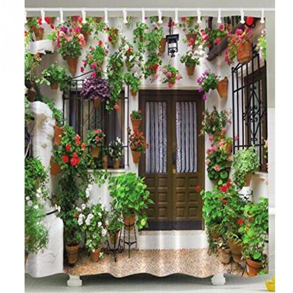 

spanish garden house shower curtain polyester fabric flowers vines floral green
