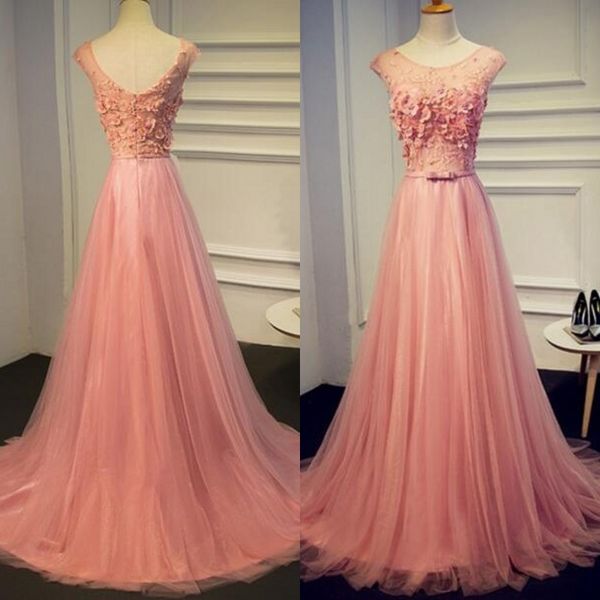 

illusion prom dresses sheer neck 3d floral appliques pearls sheer lace bodice zipper up tulle evening party gowns sweep train bow sash, Black