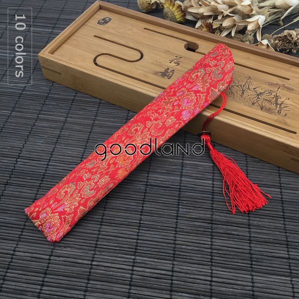 

10pcs 23cm arc opening satin silk fabric bags with tassel japanese ukiyo-e style bags for folding hand fans