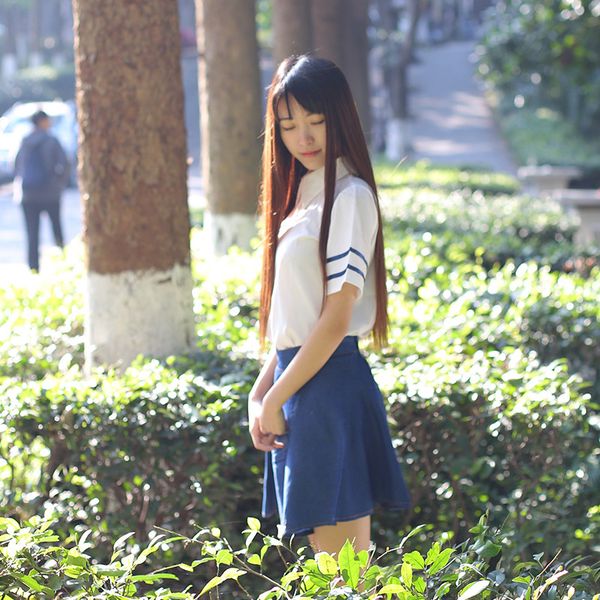 

japanese style sailor suit soft sister clothes school uniform student wear college wind british wind jk uniform denim skirt, Gray