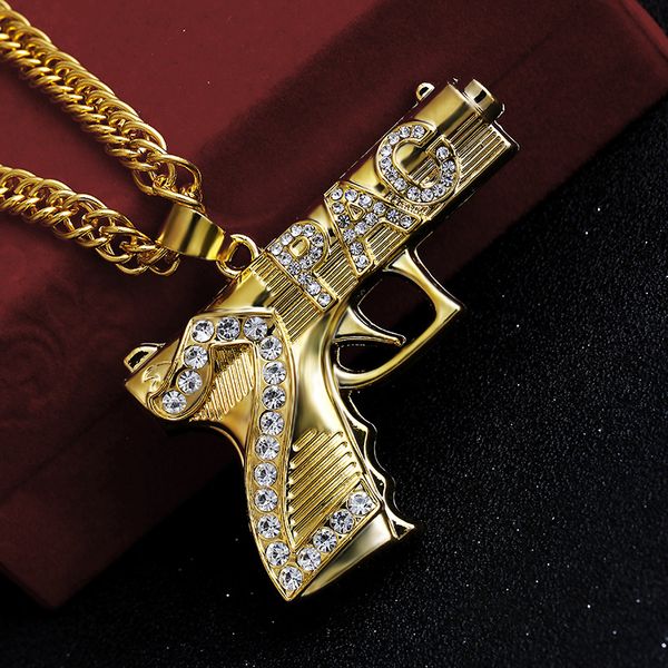 

fashion hip hop iced out pendant necklace jewelry gold chain gun shape pistol necklaces for men, Silver