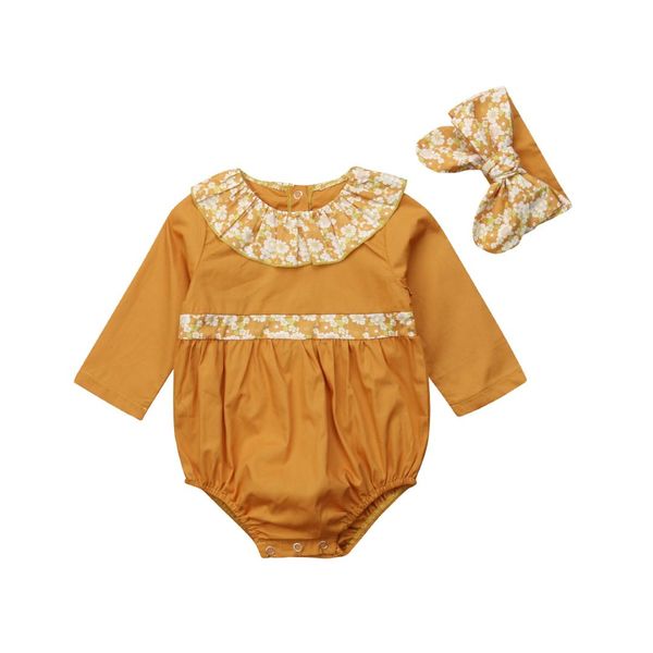 

2018 newborn toddler baby girls bodysuits+headband 2pcs sets floral print long sleeve peter pan collar jumpsuits, Blue