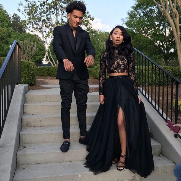 

2018 side split two piece black prom dresses lace applique high neck long sleeves sequins a-line tulle evening party dress gowns