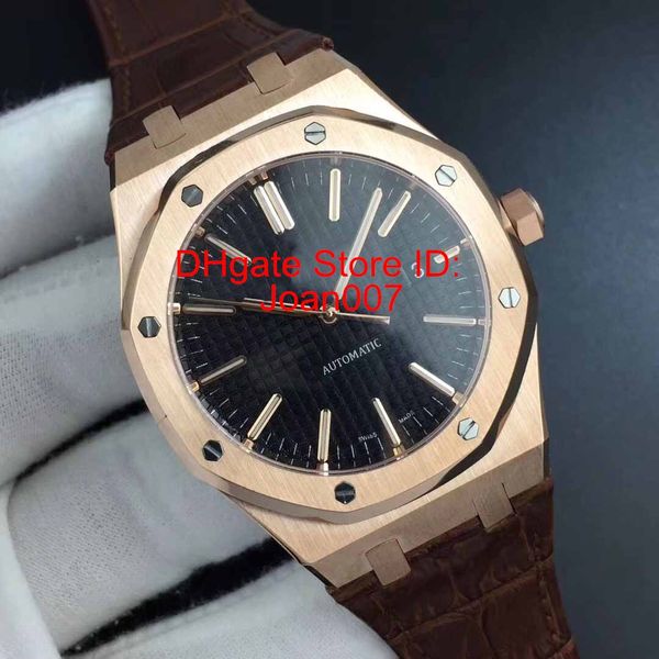 

dp factory luxury men rose gold watches 15400 sapphire glass 3120 automatic movement black dial leather strap super luminous, Slivery;brown