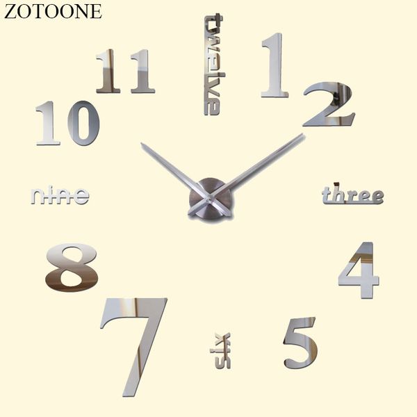 

zotoone diy mirror sticker large metal wall clock modern design fashion watches self adhesive quartz wall clocks home decor d