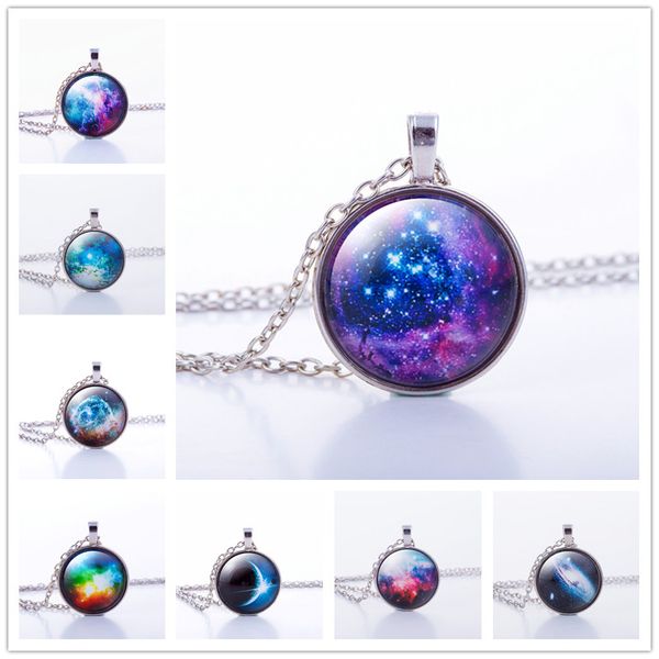 

nebula space pendant necklace glass cabochon sliver chain vintage choker statement necklaces fashion women jewelry gift, Silver
