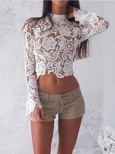 

new fashion women ladies long sleeve t-shirts embroidery lace casual turtleneck women short clothing, White