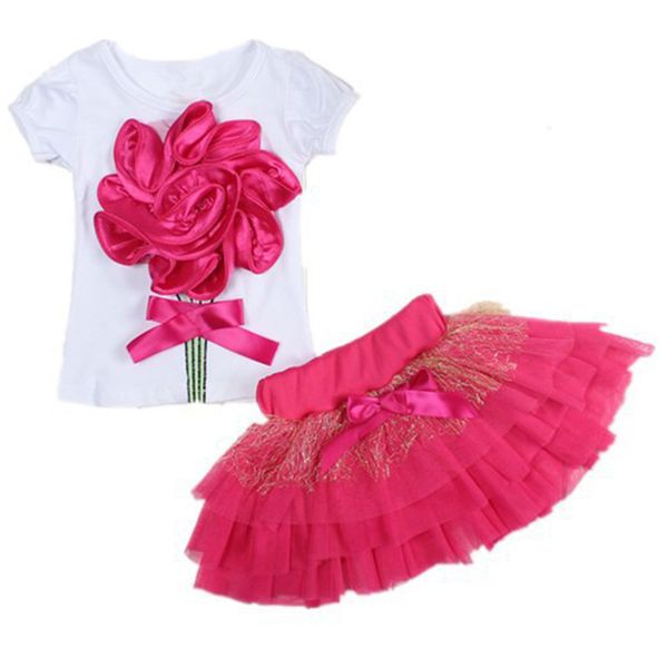 

summer new big rose flower short sleeve cotton t-shirts+short skirts kids clothes suit, White