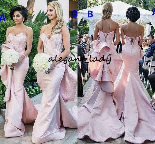 

pink mermaid ruffles bridesmaid dresses with long train 2018 sweetheart boning fishtail garden church wedding party guest dress, White;pink