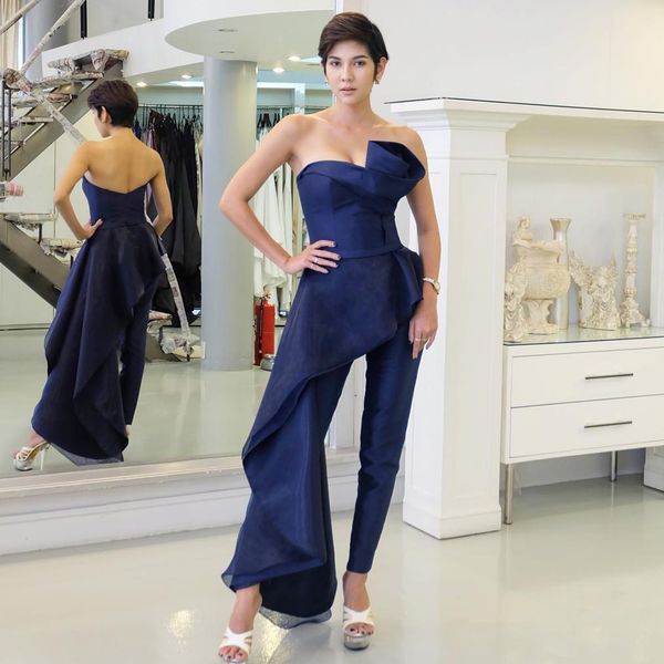 Acheter Mode Royale Bleu Pantalon De Soirée Robes De Soirée Sans Bretelles Avec Survêtement De Bal Robes De Robes De Fiesta Organza Party Robe De