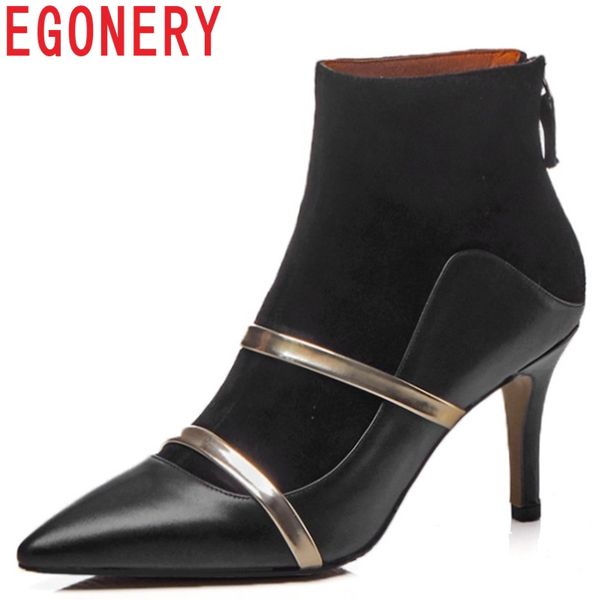 

egonery new popular zipper super high thin heel pointed toe genuine leather and kid suede winter plush warm fashion ankle boots, Black