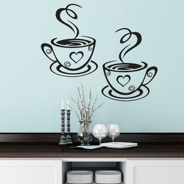 Adesivi murali con tazze di caffè doppie sulla cucina Decalcomanie da muro in vinile Art WallPapper adesivo Decorazione della stanza Decorazioni per la casa