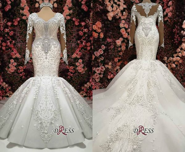 

2019 gorgeous crystals lace mermaid wedding dress v neck appliques beads real pictures plus size wedding dress long sleeve bridal gowns, White