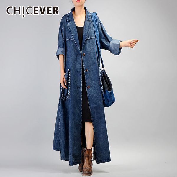 

chicever autumn denim trench coat for women's windbreaker long sleeve two pockets loose oversize coat female fashion clothing, Tan;black