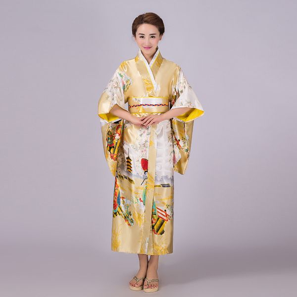 

yellow new japanese women's silk satin kimono yukata evening dress haori kimono with obi japanese geisha, Red